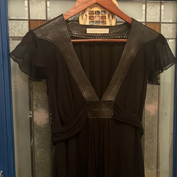 SOLD ! Beautiful, black sheer dress trimmed in leather size small - Picture 1 of 5